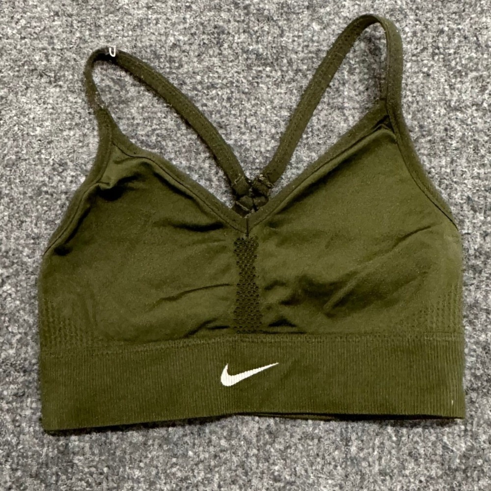 Nike Sports Bra Womens Size S Olive Green Seamless Ribbed Strappy Athletic Top